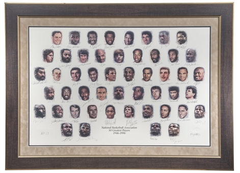NBA 50 Greatest Players Litho Completely Signed in 35x48 Framed Display - AP LE 17/30 (JSA & Field of Dream COA)